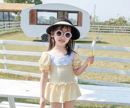 ベビー用水着 キッズ水着 帽子セット 半袖ワンピース パフスリーブ チェック スカート スイムウェア 2カラー【mh0005131】