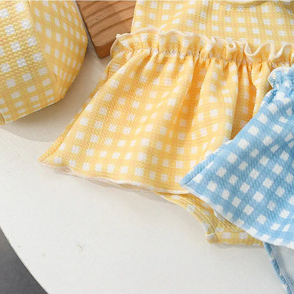 ベビー用水着 キッズ水着 帽子セット 半袖ワンピース パフスリーブ チェック スカート スイムウェア 2カラー【mh0005131】