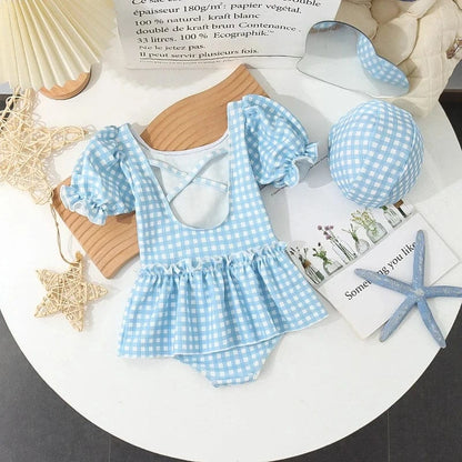 ベビー用水着 キッズ水着 帽子セット 半袖ワンピース パフスリーブ チェック スカート スイムウェア 2カラー【mh0005131】
