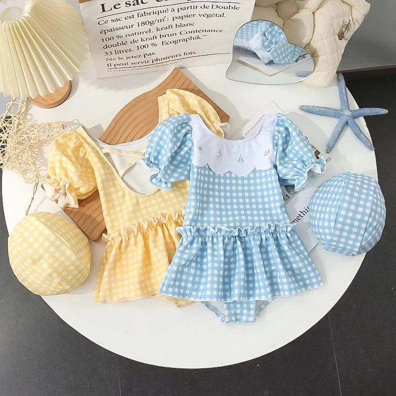 ベビー用水着 キッズ水着 帽子セット 半袖ワンピース パフスリーブ チェック スカート スイムウェア 2カラー【mh0005131】