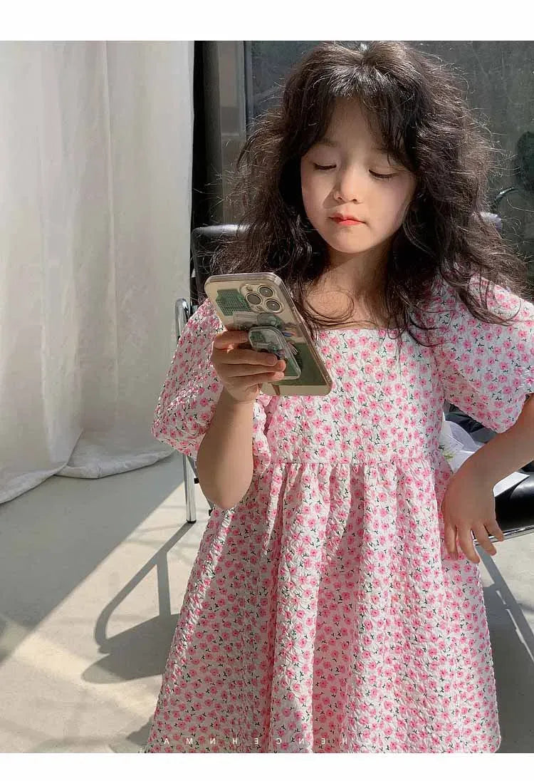 半袖ワンピース キッズワンピース 半袖バブルスリーブサマードレス ボリューム袖 フラワー花柄プリント 2カラー【mh0005225】