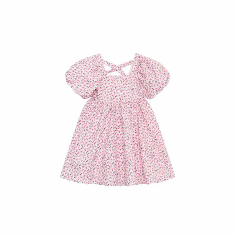 半袖ワンピース キッズワンピース 半袖バブルスリーブサマードレス ボリューム袖 フラワー花柄プリント 2カラー【mh0005225】