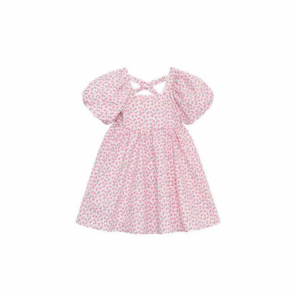 半袖ワンピース キッズワンピース 半袖バブルスリーブサマードレス ボリューム袖 フラワー花柄プリント 2カラー【mh0005225】