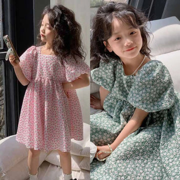 半袖ワンピース キッズワンピース 半袖バブルスリーブサマードレス ボリューム袖 フラワー花柄プリント 2カラー【mh0005225】