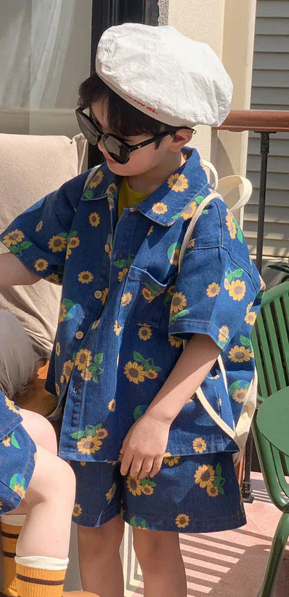 半袖セットアップ キッズセットアップ 2点セット デニム ひまわりプリント 半袖シャツ+ショートパンツ【mh0005227】