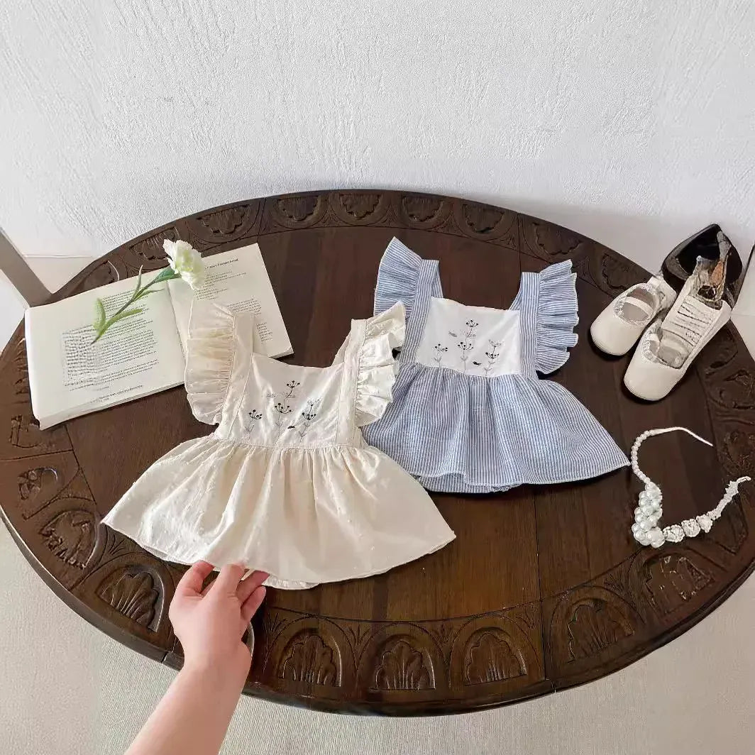 半袖ワンピース ベビーロンパース フリルスリーブ ワンピースボディスーツ フラワー花柄刺繍 2カラー【mh0005255】