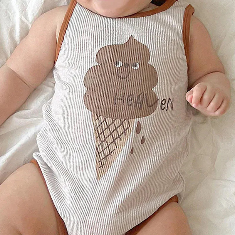 ノースリーブロンパース ベビーロンパース タンク ノースリーブボディスーツ アイスクリームプリント 2カラー【mh0005259】