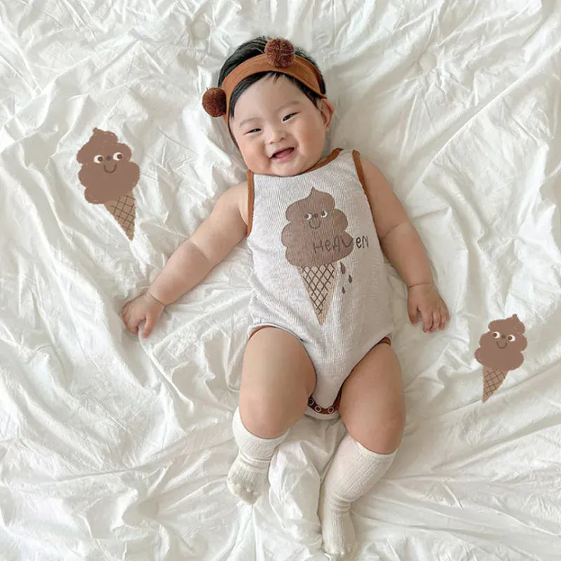 ノースリーブロンパース ベビーロンパース タンク ノースリーブボディスーツ アイスクリームプリント 2カラー【mh0005259】