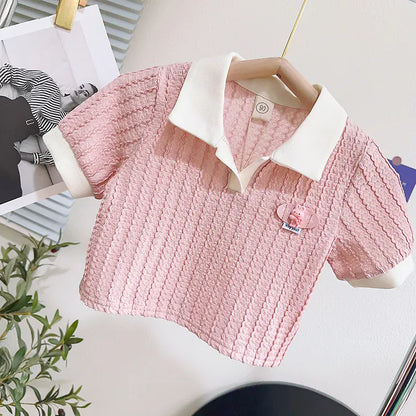 半袖セットアップ キッズセットアップ 2点セット 半袖ポロシャツ+ショートパンツ ピンク【mh0005297】