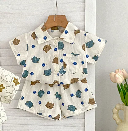 半袖セットアップ ベビーキッズセットアップ 2点セット 半袖シャツ+ショートパンツ 星スター猫キャットプリント柄【mh0005354】