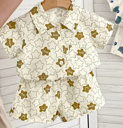 半袖セットアップ ベビーキッズセットアップ 2点セット 半袖シャツ+ショートパンツ 星スター猫キャットプリント柄【mh0005354】