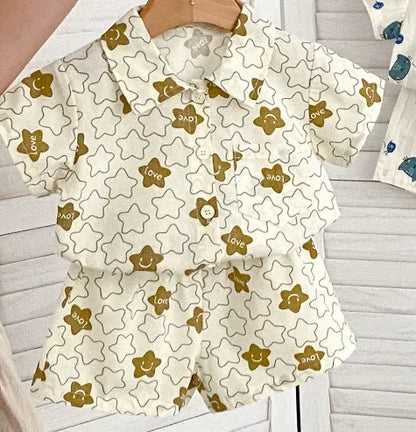 半袖セットアップ ベビーキッズセットアップ 2点セット 半袖シャツ+ショートパンツ 星スター猫キャットプリント柄【mh0005354】