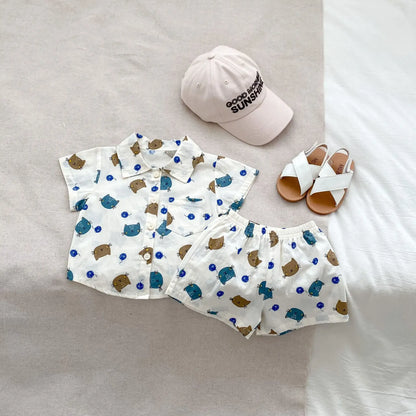 半袖セットアップ ベビーキッズセットアップ 2点セット 半袖シャツ+ショートパンツ 星スター猫キャットプリント柄【mh0005354】