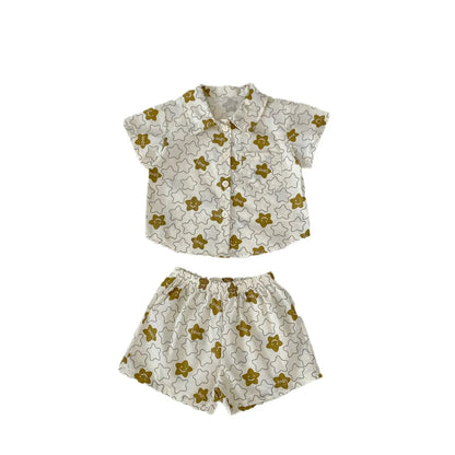 半袖セットアップ ベビーキッズセットアップ 2点セット 半袖シャツ+ショートパンツ 星スター猫キャットプリント柄【mh0005354】