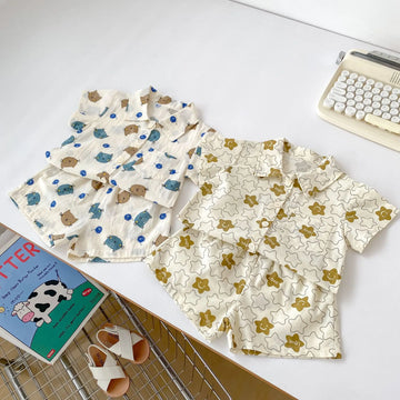 半袖セットアップ ベビーキッズセットアップ 2点セット 半袖シャツ+ショートパンツ 星スター猫キャットプリント柄【mh0005354】