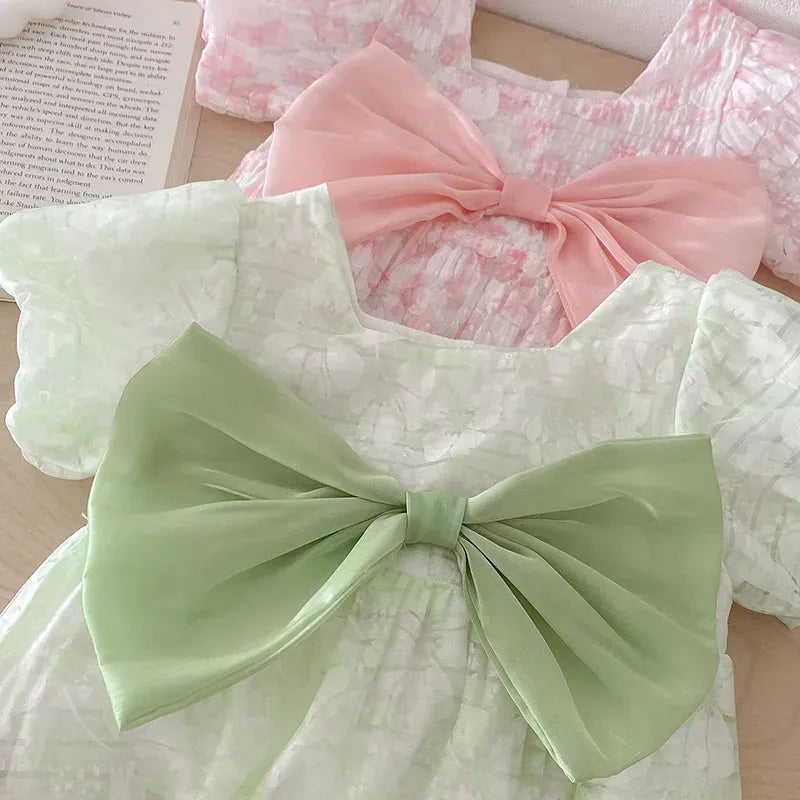 半袖ロンパース ベビーロンパース 半袖パフスリーブボディスーツ リボン フラワープリント ヘアバンドセット 2カラー【mh0005422】