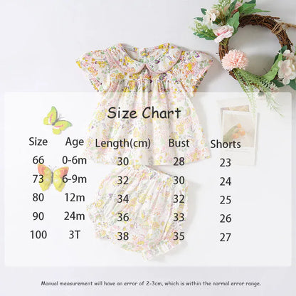 半袖セットアップ ベビーセットアップ 2点セット 丸襟 半袖チュニックブラウス+フリルブルマパンツ フラワー花柄プリント【mh0005499】