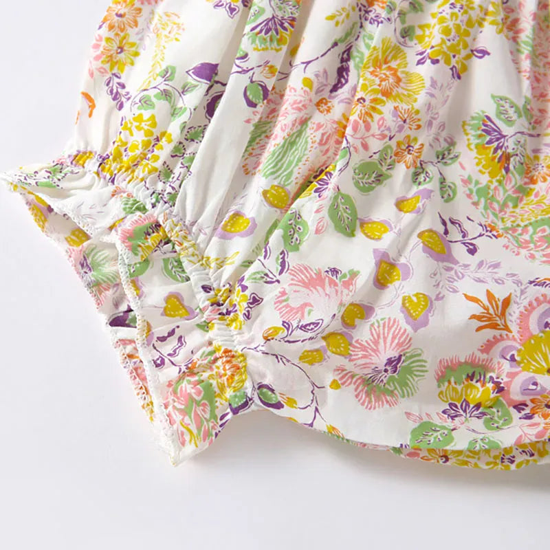 半袖セットアップ ベビーセットアップ 2点セット 丸襟 半袖チュニックブラウス+フリルブルマパンツ フラワー花柄プリント【mh0005499】