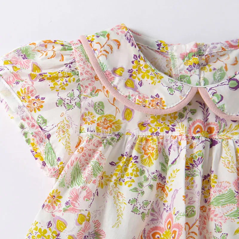 半袖セットアップ ベビーセットアップ 2点セット 丸襟 半袖チュニックブラウス+フリルブルマパンツ フラワー花柄プリント【mh0005499】