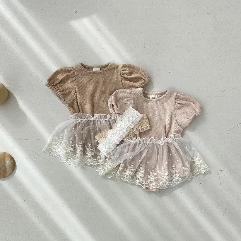 ロンパースセットアップ ベビーロンパース レーススカートセット 半袖パフスリーブボディスーツ 2カラー【mh0005544】