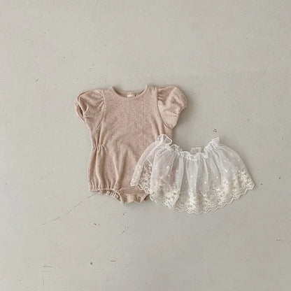 ロンパースセットアップ ベビーロンパース レーススカートセット 半袖パフスリーブボディスーツ 2カラー【mh0005544】