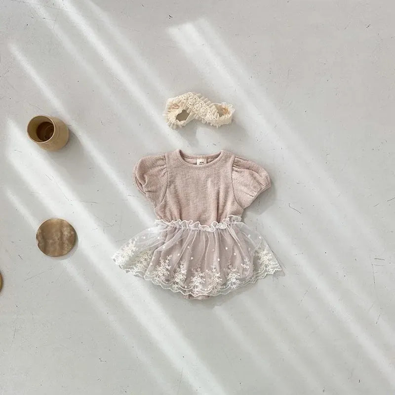 ロンパースセットアップ ベビーロンパース レーススカートセット 半袖パフスリーブボディスーツ 2カラー【mh0005544】