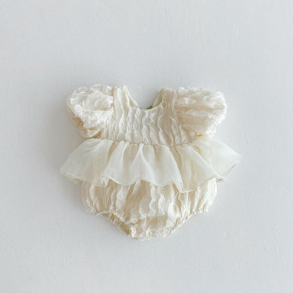 半袖ロンパース ベビーロンパース 半袖ペプラムボディスーツ レース チューリップ ドレスロンパース 2カラー【mh0005624】