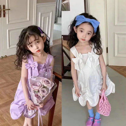 ノースリーブワンピース キッズワンピース キャミソールリボンドレス イレギュラースカート 2カラー【mh0005652】