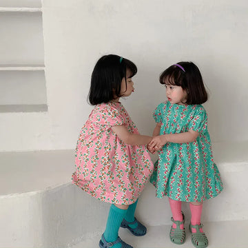 半袖ワンピース キッズワンピース 半袖プリントワンピース フラワー花柄プリント 2カラー【mh0005662】