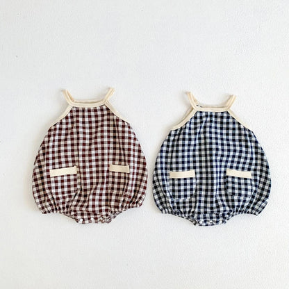 ノースリーブロンパース ベビーロンパース キャミソールポケットボディースーツ チェック 2カラー【mh0005696】