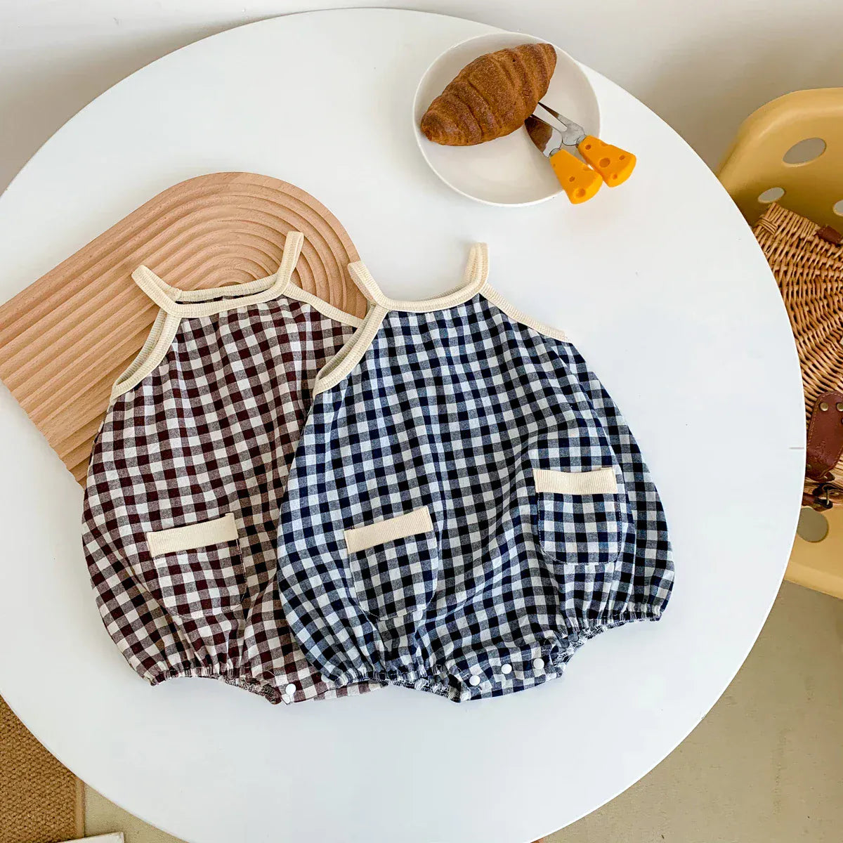 ノースリーブロンパース ベビーロンパース キャミソールポケットボディースーツ チェック 2カラー【mh0005696】