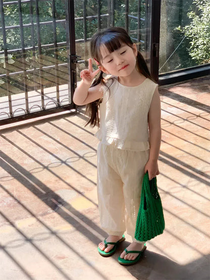 ノースリーブセットアップ キッズセットアップ 2点セット バックオープンノースリーブブラウス+ルーズロングパンツ レース刺繍【mh0005730】