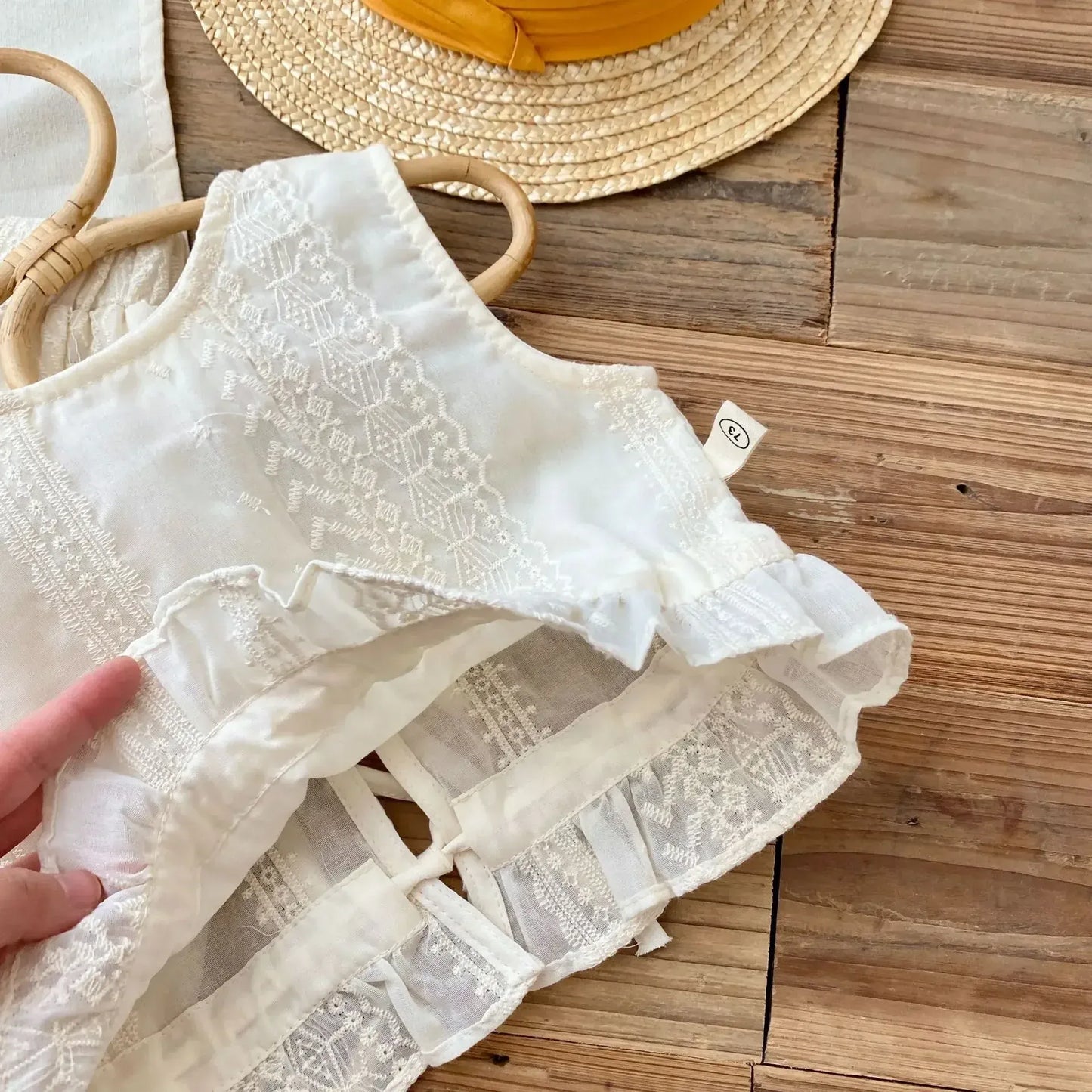 ノースリーブセットアップ キッズセットアップ 2点セット バックオープンノースリーブブラウス+ルーズロングパンツ レース刺繍【mh0005730】