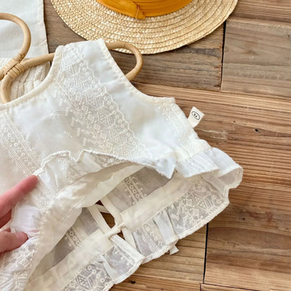 ノースリーブセットアップ キッズセットアップ 2点セット バックオープンノースリーブブラウス+ルーズロングパンツ レース刺繍【mh0005730】