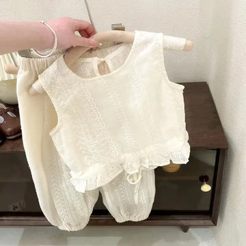 ノースリーブセットアップ キッズセットアップ 2点セット バックオープンノースリーブブラウス+ルーズロングパンツ レース刺繍【mh0005730】