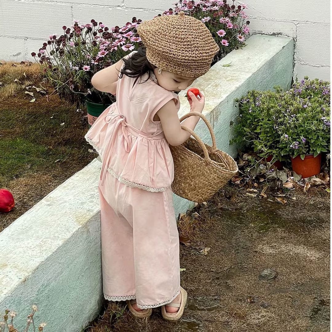 ノースリーブセットアップ キッズセットアップ 2点セットアップ ノースリーブペプラムブラウス+ルーズロングパンツ レース刺繍 お出かけ ピンク【mh0005731】