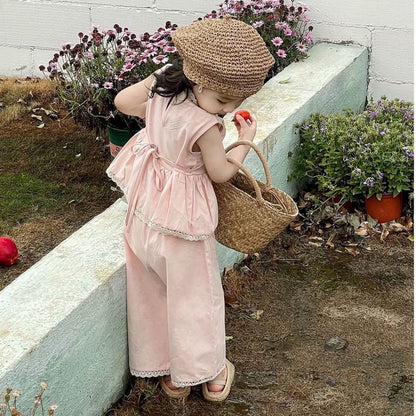 ノースリーブセットアップ キッズセットアップ 2点セットアップ ノースリーブペプラムブラウス+ルーズロングパンツ レース刺繍 お出かけ ピンク【mh0005731】
