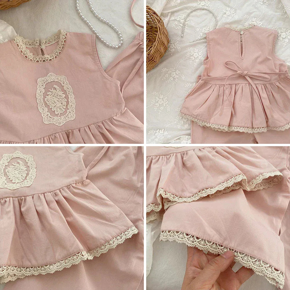 ノースリーブセットアップ キッズセットアップ 2点セットアップ ノースリーブペプラムブラウス+ルーズロングパンツ レース刺繍 お出かけ ピンク【mh0005731】