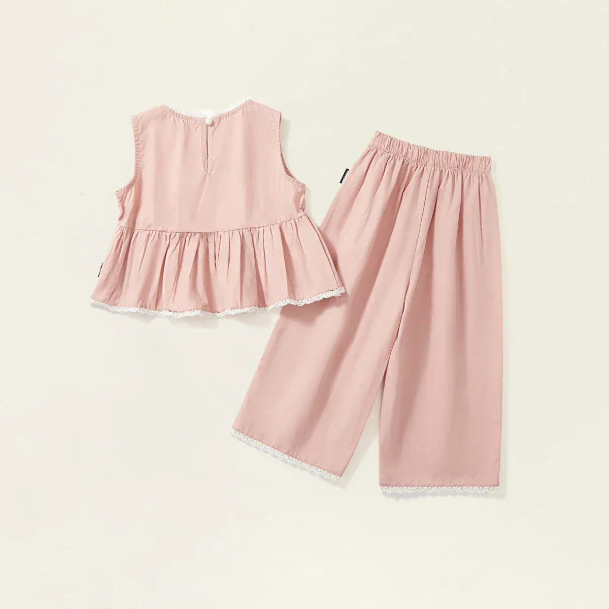 ノースリーブセットアップ キッズセットアップ 2点セットアップ ノースリーブペプラムブラウス+ルーズロングパンツ レース刺繍 お出かけ ピンク【mh0005731】