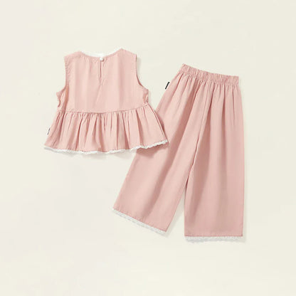 ノースリーブセットアップ キッズセットアップ 2点セットアップ ノースリーブペプラムブラウス+ルーズロングパンツ レース刺繍 お出かけ ピンク【mh0005731】