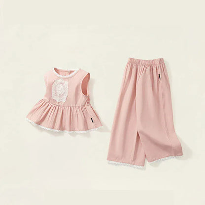 ノースリーブセットアップ キッズセットアップ 2点セットアップ ノースリーブペプラムブラウス+ルーズロングパンツ レース刺繍 お出かけ ピンク【mh0005731】