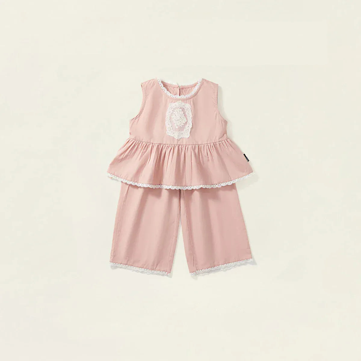 ノースリーブセットアップ キッズセットアップ 2点セットアップ ノースリーブペプラムブラウス+ルーズロングパンツ レース刺繍 お出かけ ピンク【mh0005731】