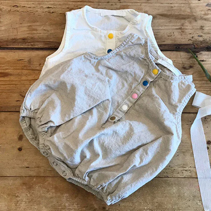 ノースリーブロンパース ベビーロンパース コットンリネン ノースリーブボディスーツ 2カラー【mh0005746】