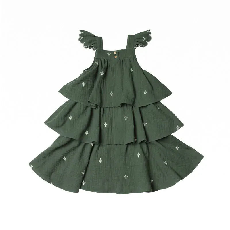 ノースリーブワンピース キッズワンピース ショルダーフリルティアードワンピース 刺繍 2カラー【mh0005748】