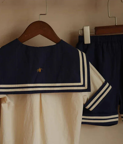 半袖セットアップ キッズセットアップ 2点セット マリンスタイル セーラー服 半袖/長袖シャツ+パンツ【mh0005751】