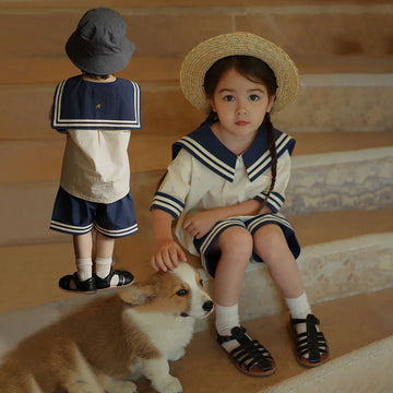 半袖セットアップ キッズセットアップ 2点セット マリンスタイル セーラー服 半袖/長袖シャツ+パンツ【mh0005751】