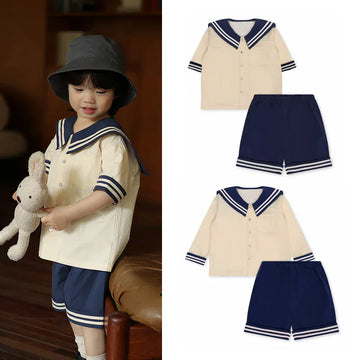 半袖セットアップ キッズセットアップ 2点セット マリンスタイル セーラー服 半袖/長袖シャツ+パンツ【mh0005751】