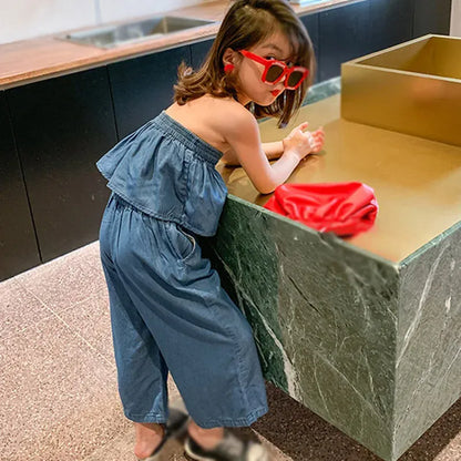 ノースリーブセットアップ キッズセットアップ 2点セット デニム オフショルダートップス+ルーズクロップドパンツ【mh0005758】