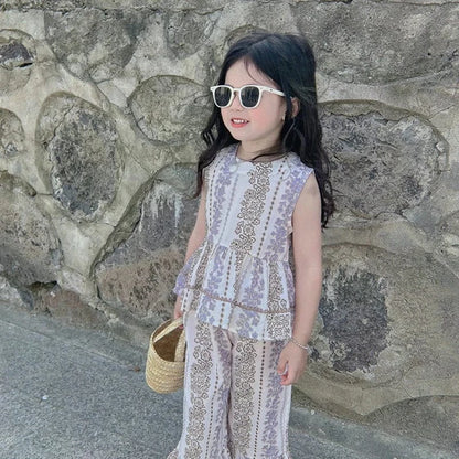 ノースリーブセットアップ キッズセットアップ 2点セット ノースリーブペプラムトップス+ワイドルーズパンツ【mh0005760】