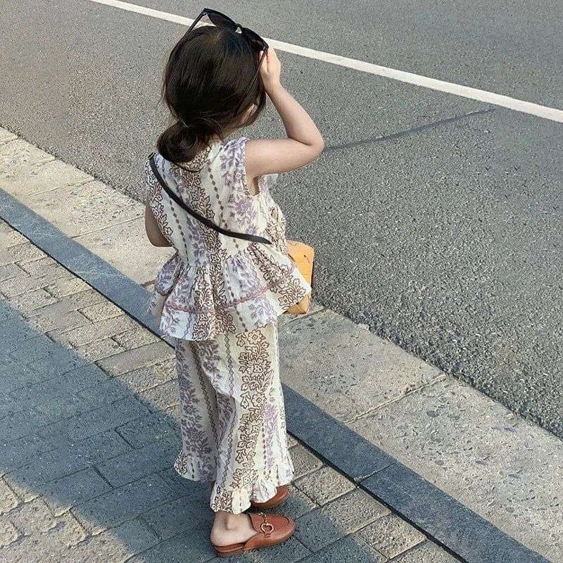 ノースリーブセットアップ キッズセットアップ 2点セット ノースリーブペプラムトップス+ワイドルーズパンツ【mh0005760】